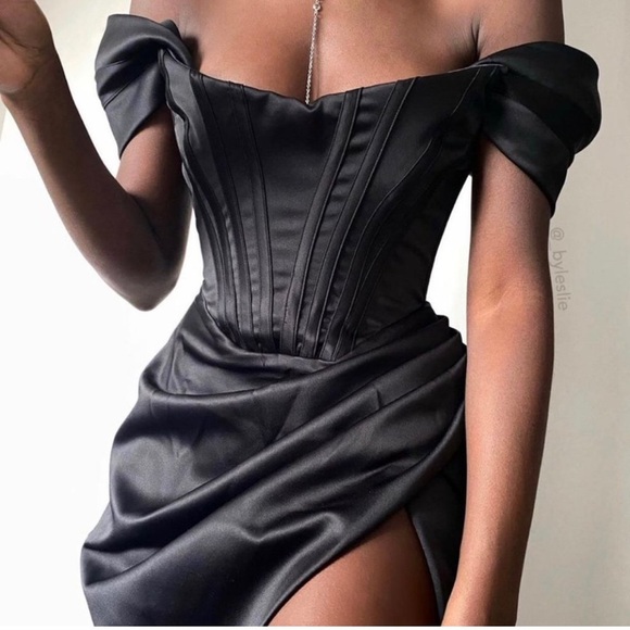 House of CB Loretta Off the Shoulder Satin Corset Dress in Black New With Tags! - Picture 1 of 10